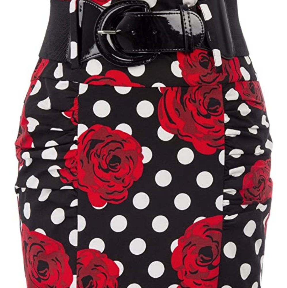 Polka dot business skirt with roses and belt